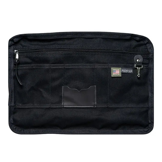 Superior Series Leather Entrepreneur Briefcase Interior Showing Slip Pockets, Zipper Pockets, Key Clip, Tags  On A White Background