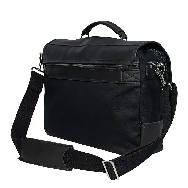Superior Series Leather Entrepreneur Briefcase As Seen From The Back Showing Zipper Pocket &amp; Luggage Strap On A White Background