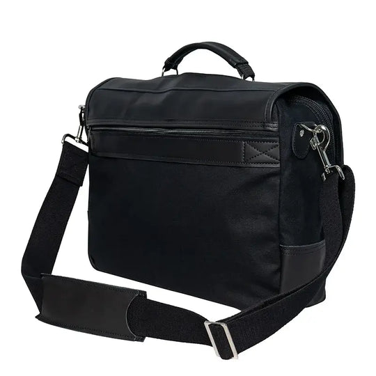 Superior Series Leather Entrepreneur Briefcase As Seen From The Back Showing Zipper Pocket &amp; Luggage Strap On A White Background