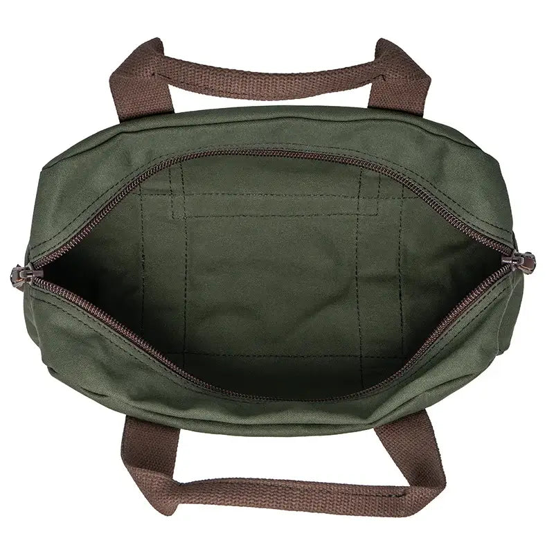 Utility Bag In Olive Drab Green Open As Seen From Above On A White Background