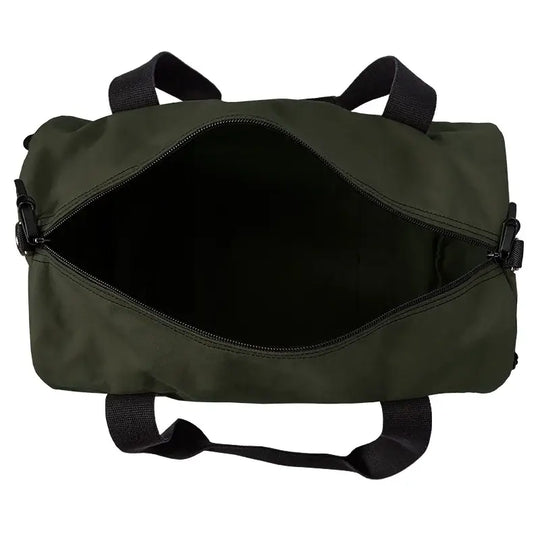 Round Duffel In Olive Drab Green Open As Seen From Above On A White Background