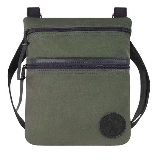 Traverse Crossbody Bag in Olive Drab with durable canvas and leather details, designed by Duluth Pack for rugged outdoor use and reliable everyday carry.