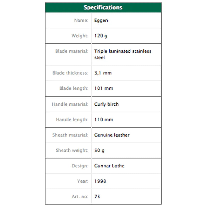Helle Harding Knife specifications card