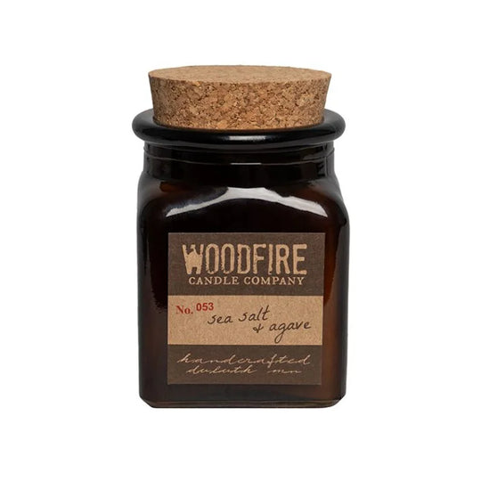 Woodfire Candle Company Soy Candle in Sea salt &amp; Agave with a white background
