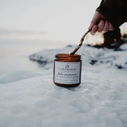 Lakehouse Candle Company Soy Candle in lake superior with dark musk, amber, sandalwood on the snow