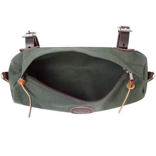 Candy Bar Bike Bag In Olive Drab Green, Open As Seen From Above On A White Background