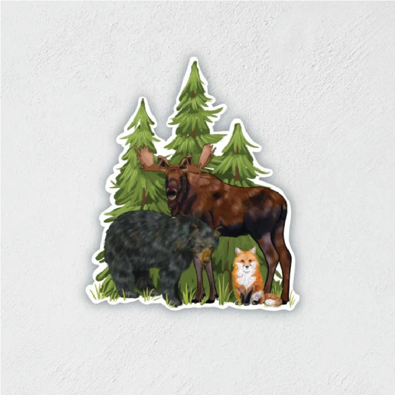 Sticker of a bear, moose, and fox in front of trees