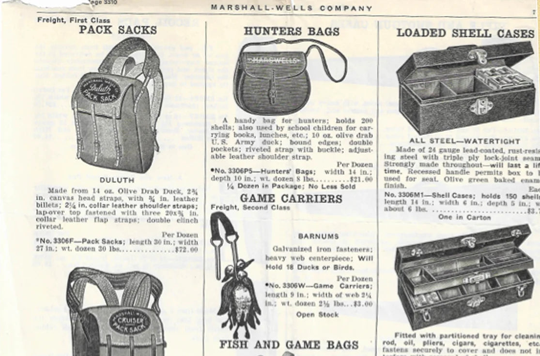 Vintage catalog page showing illustrations and descriptions of outdoor hunting bags, including canvas pack sacks, hunters bags, game carriers, and loaded shell cases designed for rugged use and durability.