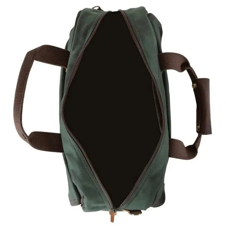 Classic Carry-On Bag In Olive Drab Green Open &amp; As Seen From Above On A White Background