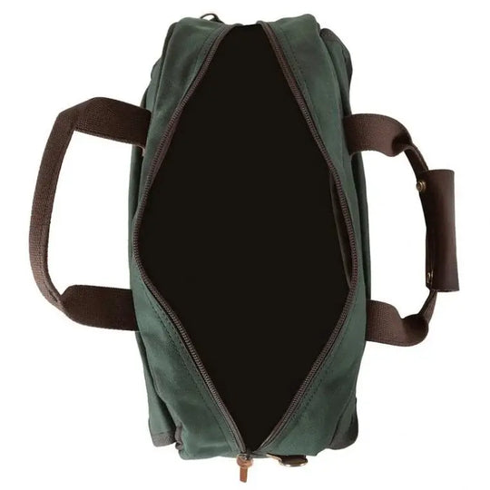Classic Carry-On Bag In Olive Drab Green Open &amp; As Seen From Above On A White Background