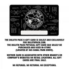A Duluth Pack Gift Card as shown on a white background. It says "The Duluth Pack E-Gift Card is soley and exclusively for duluthpack.live. The Duluth Pack Physical Gift Card can soley be purchased and used in-store (located at 365 Canal Park Drive). Neither Card is Associated with other Brand's or company's websites or retail locations. All Gift Cards Are Final Sale. No Refunds. No Returns. No Exceptions.