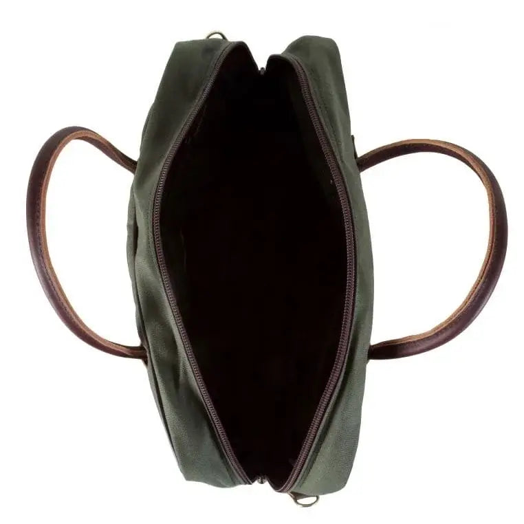 Freelance Briefcase In Olive Drab Green Open As Seen From The Side On A White Background