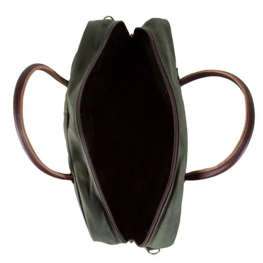 Freelance Briefcase In Olive Drab Green Open As Seen From The Side On A White Background