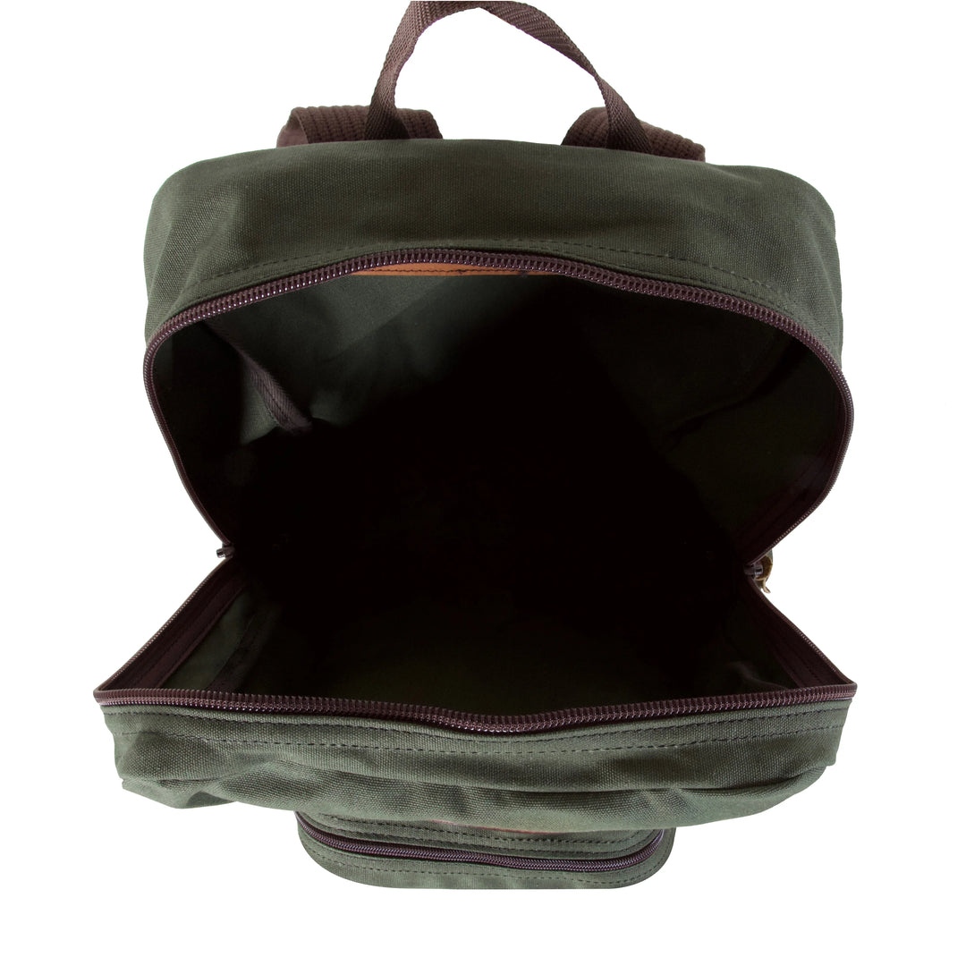 Large Standard Backpack in Olive Drab canvas with sturdy zippers, showcasing spacious interior designed for durable, handmade outdoor gear by Duluth Pack.