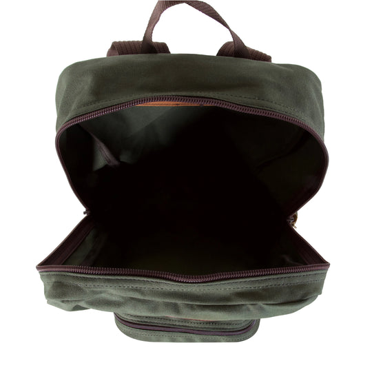 Large Standard Backpack in Olive Drab canvas with sturdy zippers, showcasing spacious interior designed for durable, handmade outdoor gear by Duluth Pack.