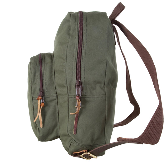 Large Standard Backpack in Olive Drab with durable canvas construction and antique brass hardware, crafted by Duluth Pack for rugged outdoor use.