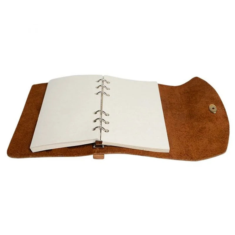 Leather Bolt Button Journal open with a white background