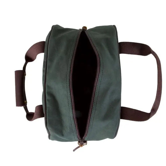 Small Safari Duffel In Olive Drab Green Open As Seen From Above On A White Background