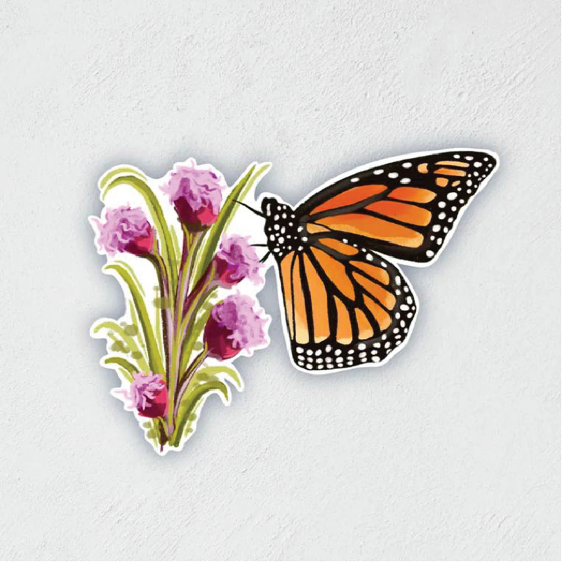 Sticker of a monarch butterfly on some flowers