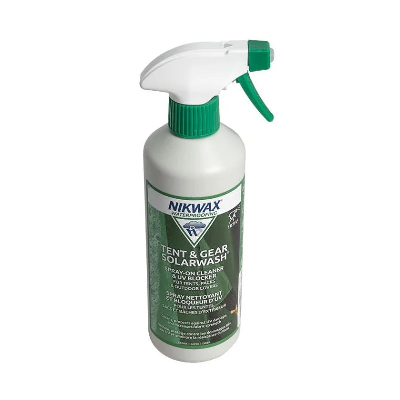 Nikwax Tent & Gear SolarWash Spray for cleaning tents, packs, and outdoor covers shown with a white background