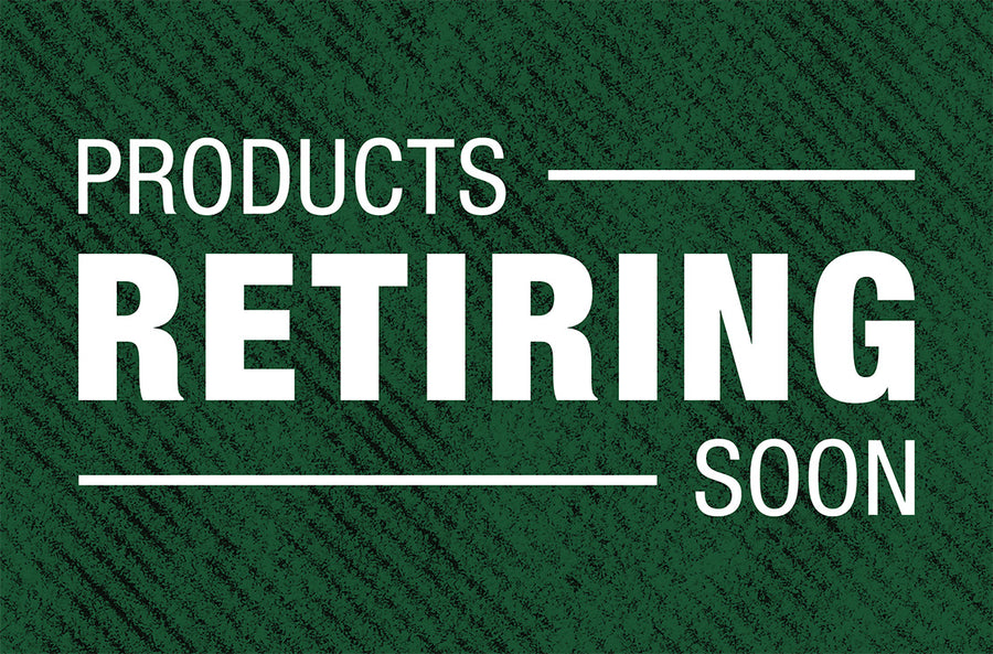 Green textured background with bold white text announcing that products will be retiring soon in a clean, straightforward design.