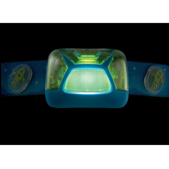 Petzl TIKKID Kids Headlamp 20 Lumens in blue turned on with a black background