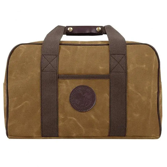 Small Safari Duffel In Waxed Khaki As Seen From The Side On A White Background