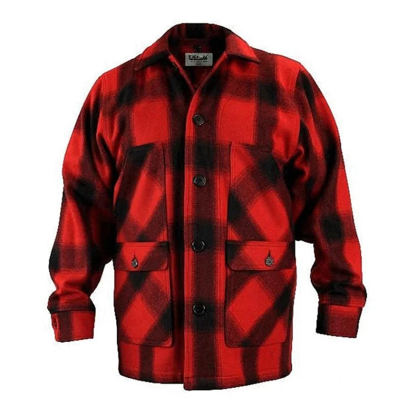 Stormy Kromer Mackinaw Coat in red and black with a white background