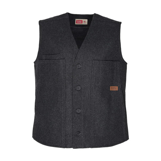 Stormy Kromer Button Vest in charcoal with a white background