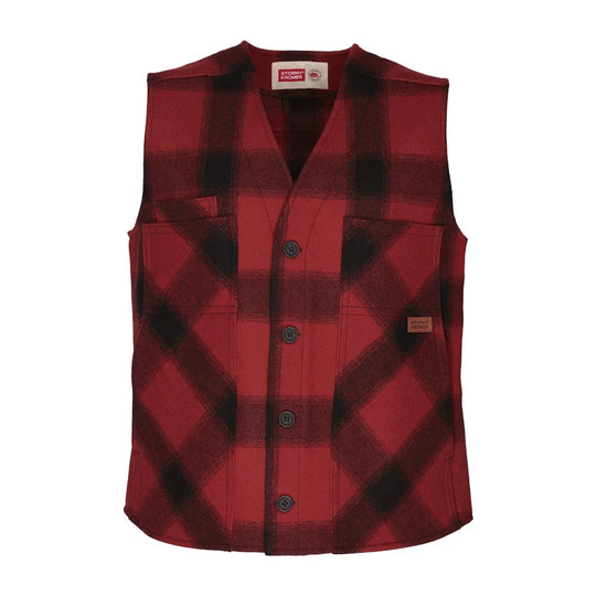 Stormy Kromer Button Vest in red and black with a white background