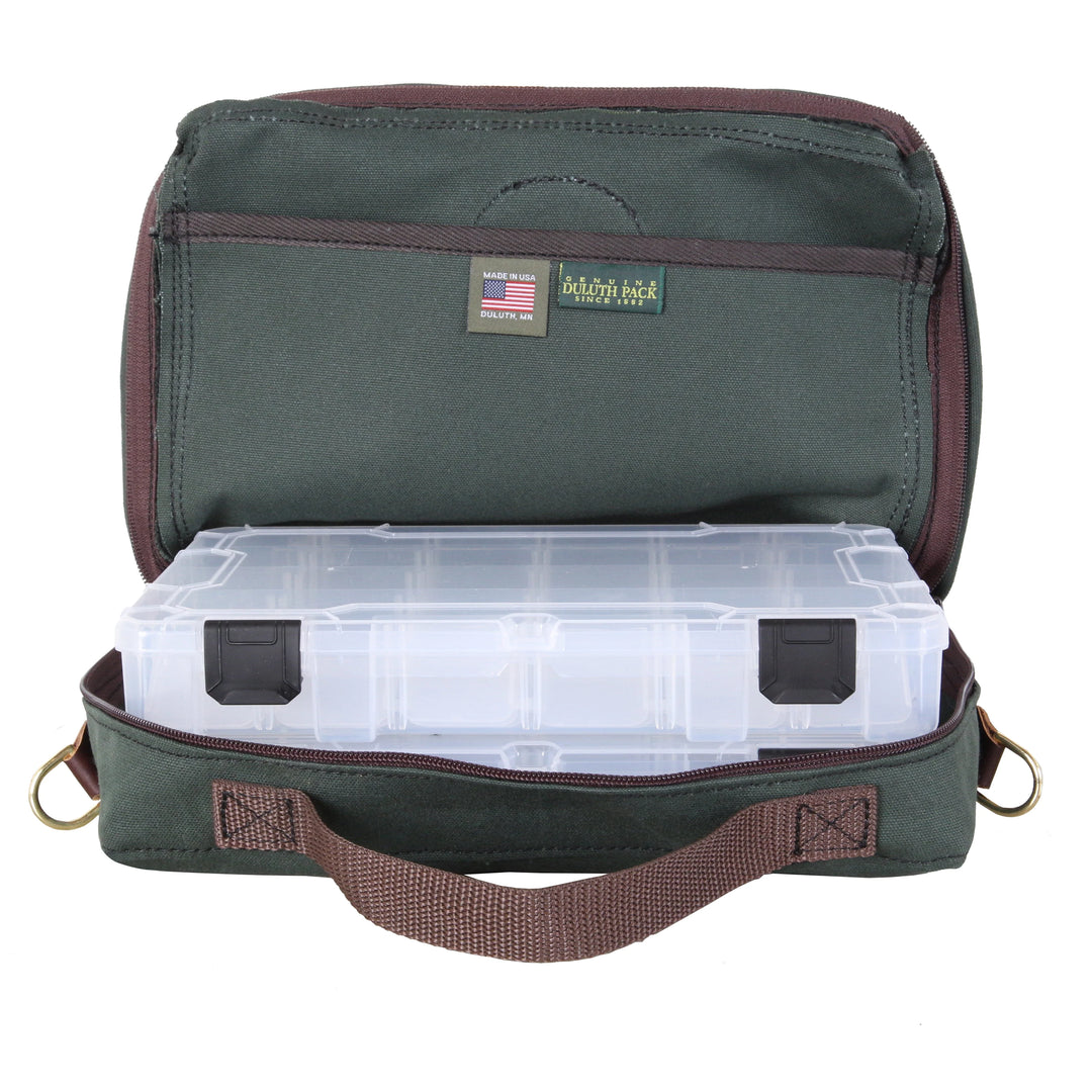Mini Tackle Box in Olive Drab with clear plastic compartments inside a durable canvas case, designed for rugged outdoor use by Duluth Pack.