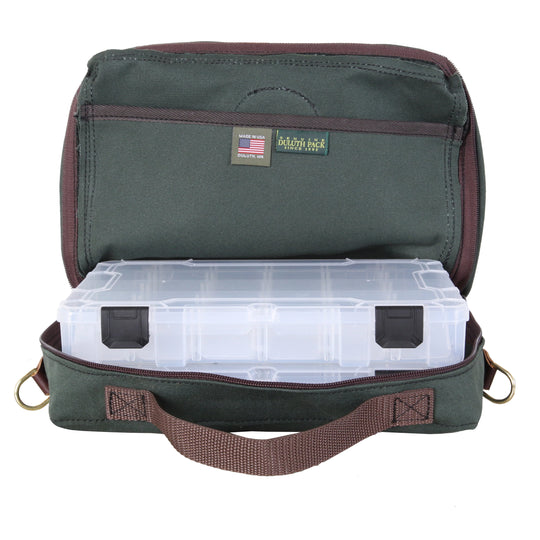 Mini Tackle Box in Olive Drab with clear plastic compartments inside a durable canvas case, designed for rugged outdoor use by Duluth Pack.