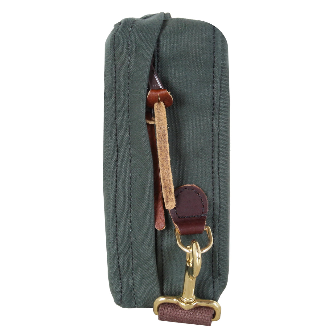 Mini Tackle Box in Waxed Olive Drab canvas with antique brass hardware and leather accents, designed for durable outdoor use by Duluth Pack.