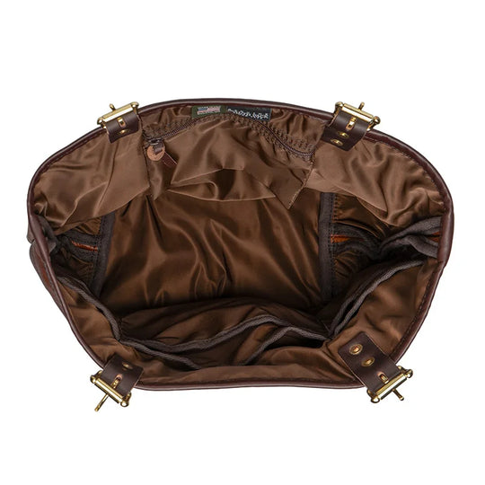 Duluth Pack Bison Leather Travel Tote inside view with white background